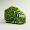 Truck. Ecological concept. Truck trailer made of green vegetation.