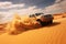 A truck effortlessly maneuvers through the majestic landscape of sand dunes, sand dune bashing ofrroad, AI Generated