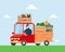 Truck with fresh vegetables and fruits. Cheerful farmer or delivery man.