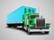 Truck green with blue trailer 3d render on gray background with