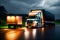 truck and highway at sunset - transportation background. Truck on freeway on motorway with delivery goods