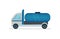Truck with large blue water tank. Heavy machine with container for liquids. Urban transport. Flat vector icon