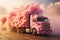 Truck loaded with fluffy pastel clouds driving on a road, deliver gift of hope, dreams and positive thinking, imagination and