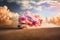Truck loaded with fluffy pastel clouds driving on a road, deliver gift of hope, dreams and positive thinking, imagination and