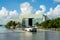 Truck loading a boat at Haulover Marina during high king tide flooding water level