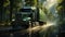 A truck navigates a muddy road in the woods with its tires covered in mud