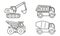 Truck outline icon set. Dump truck, Mixer truck, Excavator. Vector illustration