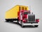 Truck red with yellow trailer 3d render on gray background with