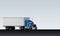 Truck rides on abstract highway. Classic big rig semi truck with dry van on white clear background, vector illustration
