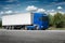 Truck on road with white blank container, shipping, delivery and