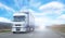 A truck is running on a national road, with blurred background, blue sky and white clouds