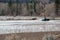 A truck sits in the flood waters of the Similkameen River in a vineyard