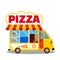 Truck street pizza to customer. Delivering free anf fast, Cartoon design for web, site, advertising, banner, poster