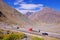 Truck traffic in the hairpin curves at Paso International Los Libertadores or Cristo Redentor, Chile