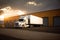 Truck unloads cargo in a warehouse, sunset. Generative ai
