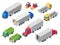 Trucking logistic isometric trucks. Loading truck, cargo container transportation lorry and trailer loader. Van cars 3d