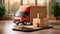 Truckload, commercial vehicle with many Corton boxes. Express delivery mobile app. Track shipments and parcels on your smartphone