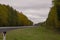 Trucks with cargo rush along the autumn highway