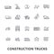 Trucks construction, equipment, crane, cement, vehicles, delivery, van, lorry line icons. Editable strokes. Flat design