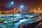 Trucks, containers, port, night, Barcelona