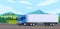 Trucks deliver goods to their destination. Logistics of products on the way. The truck is driving on the highway. Vector