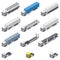 Trucks with different semi-trailers detailed isometric icons set