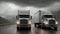 Trucks is driving on the road. Dark dramatic landscape as background, gloomy sky with rainy clouds, forest and hill. Generative AI