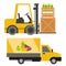 Trucks loader vector shipping cars vehicles cargo transportation by road delivery vehicle rail with forklifts