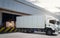 Trucks Parked Loading at Dock Warehouse. Package Boxes Pallets, Cargo Container Shipping. Freight Truck Logistic