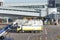 Trucks parked in a row specially equipped for aircraft de-icing before departure