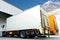 Trucks on parking at warehouse, Road freight industry transport