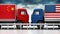 Trucks with USA and China flags come across in narrow road. 3D illustration