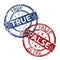 True blue and false red grunge round vintage rubber stamp