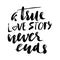 A true love story never ends. Brush calligraphy, handwritten text isolated on white background for Valentine`s day card