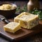 Truffle butter for french toasts, bruschettas, steaks, butter board, burgers, sauce, close up. Bricks of tasty herb butter with