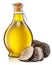 Truffle oil and black edible winter truffle on white background