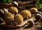 Truffles mushrooms on a wooden table