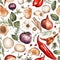 Truly Seamless Tile of Overhead Illustration of A Variety of Vegetables and Spices - Generative AI