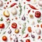 Truly Seamless Tile of Overhead Photograph of A Variety of Vegetables and Spices - Generative AI