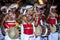 A Trumpet Blower performs ahead of a group of Davul Players during the Esala Perahera in Kandy in Sri Lanka.