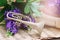 Trumpet on musical notes and purple flowers