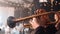 Trumpet player. Trumpeter hands playing brass music instrument close up. Close up of trumpet players fingers working the