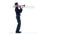 Trumpeter plays on wind instrument in slow motion. White studio