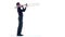 Trumpeter plays on wind instrument in white studio. Slow motion