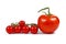 Trusses of small cherry tomatoes next to big salad tomatoe fruit on white background