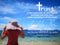 Trust in God with background ocean view and a lady look up to the sky design for Christianity.