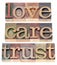 Trust, love, respect in wood type