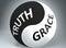 Truth and grace in balance - pictured as words Truth, grace and yin yang symbol, to show harmony between Truth and grace, 3d