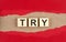 TRY word on wooden cubes on red torn paper , financial concept background