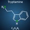 Tryptamine molecule. It is alkaloid, aminoalkylindole. Structural chemical formula on the dark blue background